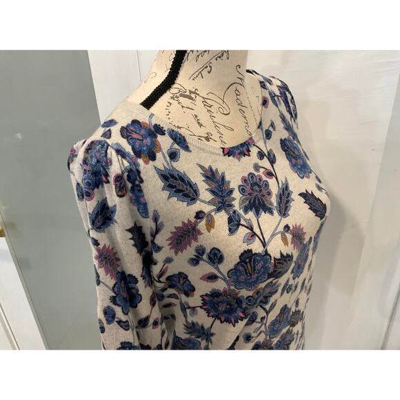 Talbots Merino Wool Blue Gray Paisley Floral Puff Sleeve Crewneck Sweater M - Picture 5 of 9